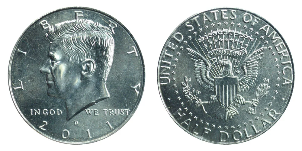 2011 Kennedy half dollar obverse and reverse showing mint mark location