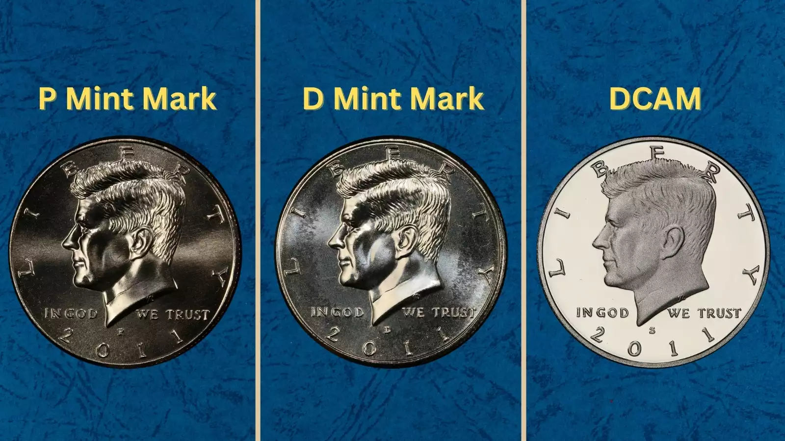 Group of 2011 Kennedy half dollars showing mintage context and range of preservation quality